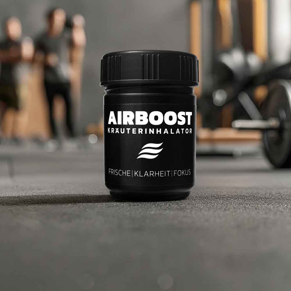 AIRBOOST Kräuterinhalator im Fitnessstudio für frische Atmung, Klarheit und Fokus beim Training 