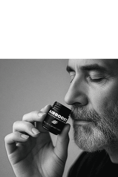 Mann mit Bart und AIRBOOST Kräuterinhalator in der Hand - riecht an der Dose 