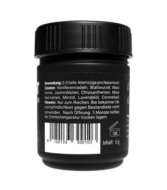 AIRBOOST Kräuterinhalator Dose Rückseite mit Hinweis auf Anwendung (2-3 tiefe Atemzüge pro Nasenloch) , Zutaten und Hinweis: 3 Monate haltbar. Bei Zimmertemperatur trocken lagern. 
