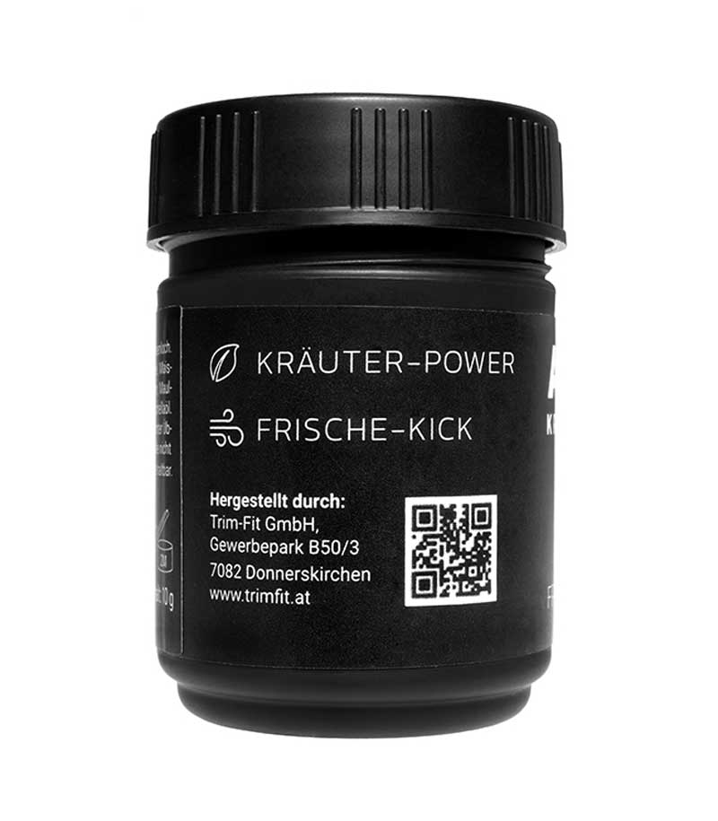 AIRBOOST Kräuterinhalator Dose-Rückseite mit Informationen: Kräuter-Power, Frische-Kick Hergestellt von Trim-Fit GmbH in Donnerskirchen