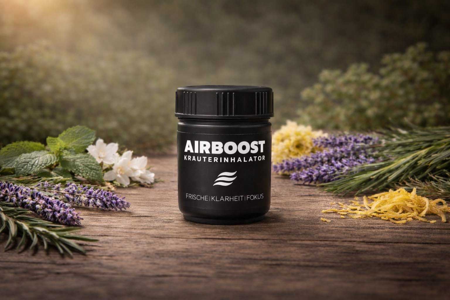 AIRBOOST Kräuterinhalator auf Holz mit Lavendel, Rosmarin und Zitrusschalen – natürlicher Inhalator für Frische und Fokus