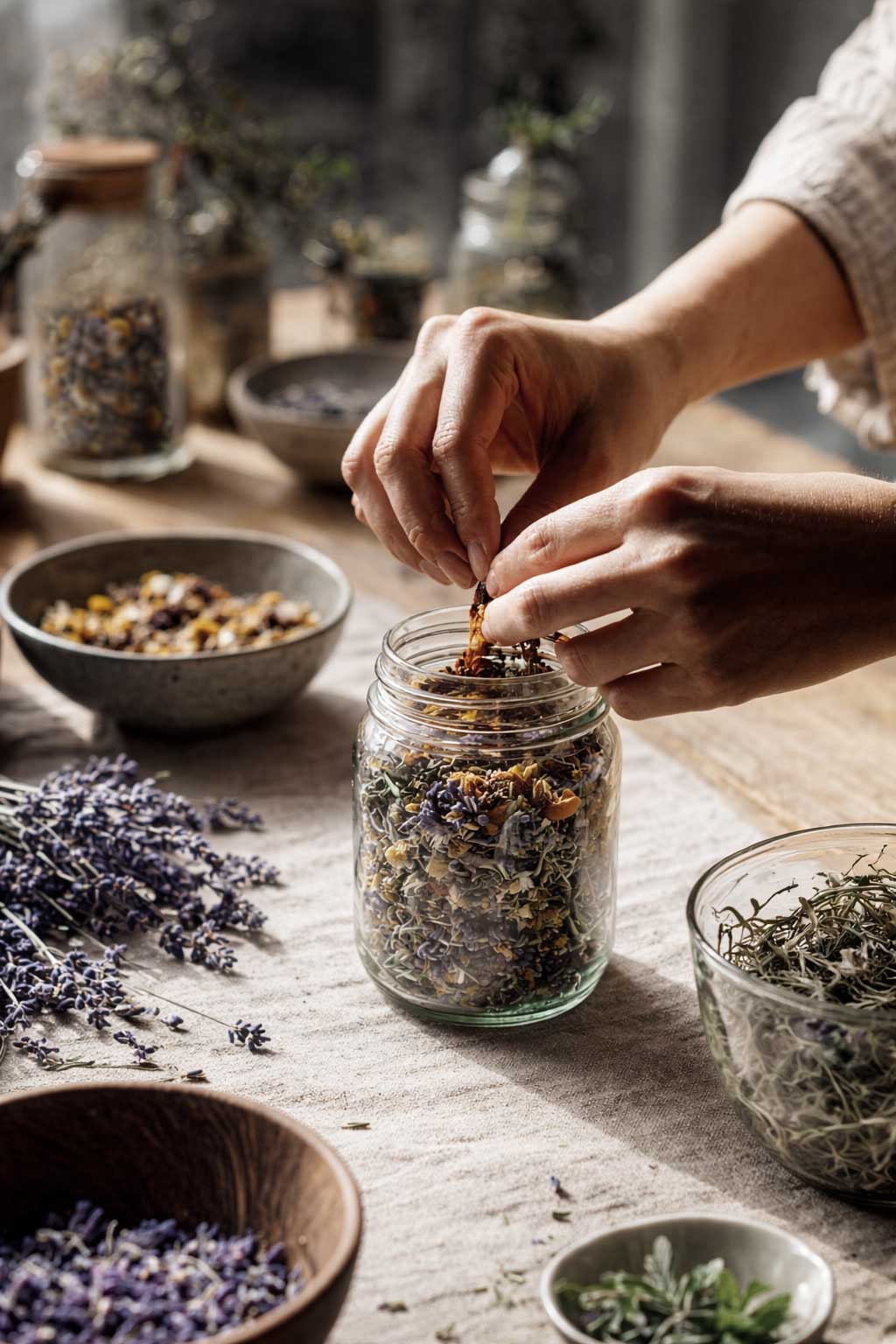 Die Herstellung von AIRBOOST Kruterinhalatoren - zwei Hände füllen ein Glas voller getrockneter Kräuter. 